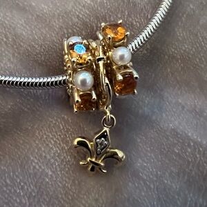 Storywheels - Silver Necklace with 3 14k Gold Wheels. (Citrine, Pearl & Diamond)